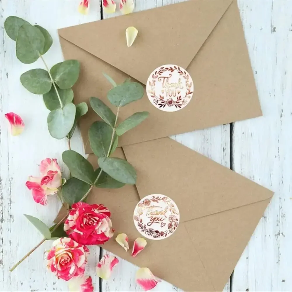 1 Roll of 500 Thank You Rose Gold Foil Floral Stickers Labels